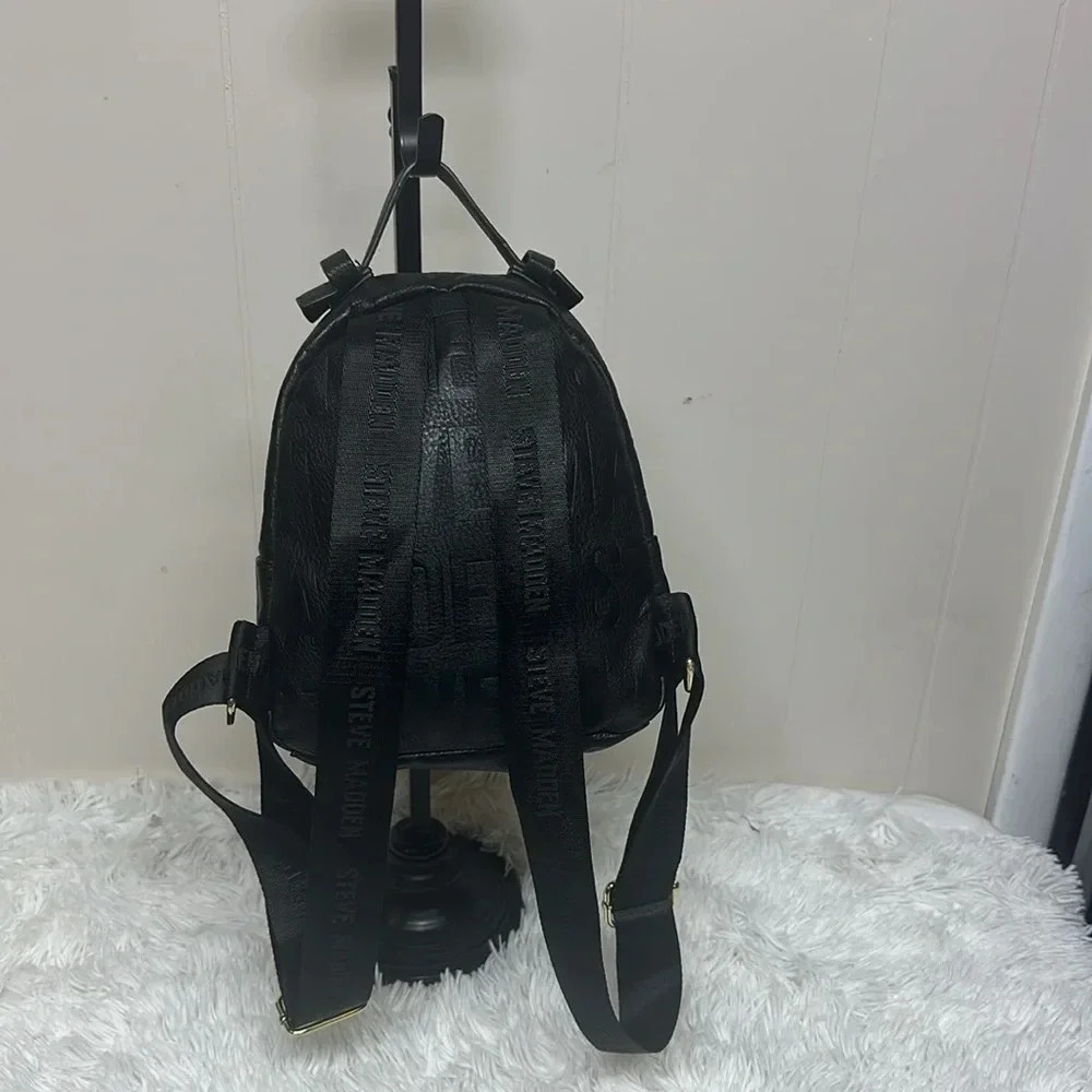Steve Madden Mini Backpack Purse Black Embossed Leather Logo - Picture 2 of 10